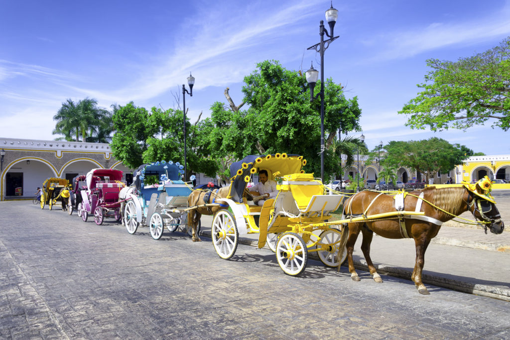 Bunte Pferdekutschen auf den Straßen von Izamal, Mexiko