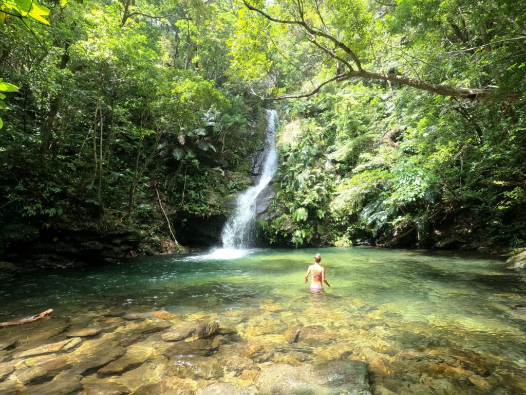 Wandern zum Wasserfall mit schwimmen